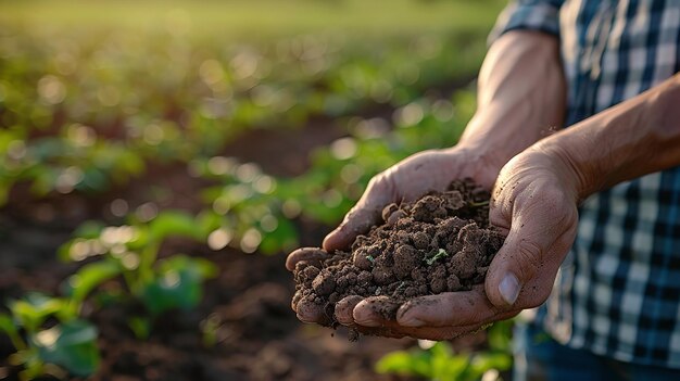 Close shot of a farmer showing soil in his hand with clod of earth with a blurry vegetable field with space for text or product Generative AI