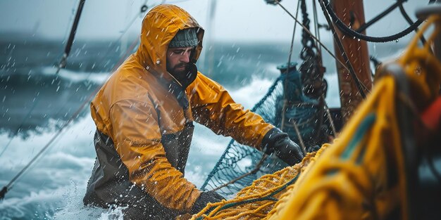 Photo close shot of a fisherman fishing in a rough weather in sea wearing raincoat with space for text or backdrop generative ai