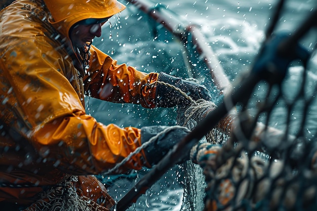 厳しい天候で海で釣りをしている漁師がレインコートを着て,テキストや背景のスペースを備えたクローズショット