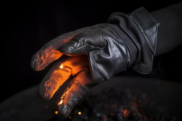 Close shot of glove with glowing charcoals