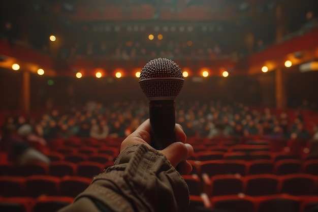 Close shot of hand holding microphone in stage with a big amount of audience in front of him with space for text Generative AI