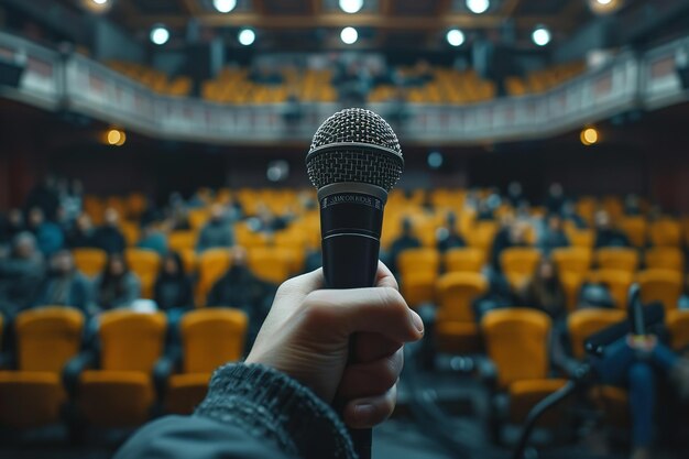 Close shot of hand holding microphone in stage with a big amount of audience in front of him with space for text Generative AI