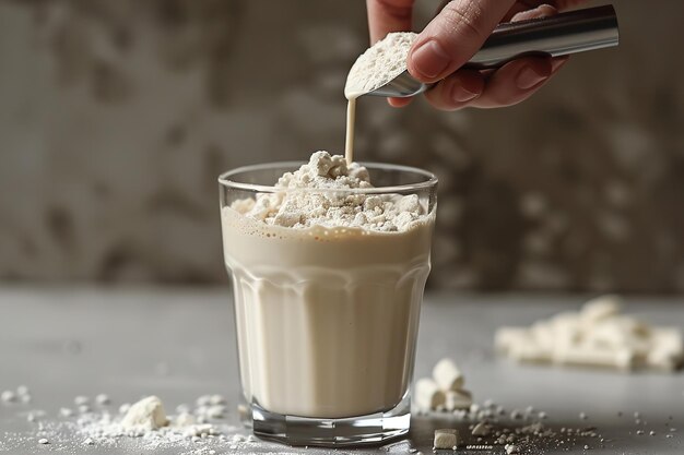 Close shot of a hand pouring protein powder in a glass with a clean white backdrop with a big space for text or product Generative AI