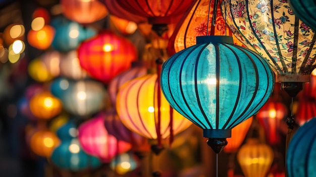 Close shot of a handmade glowing silk lanterns in night hanging in store for sell for Chinese new year with a copy space Generative AI