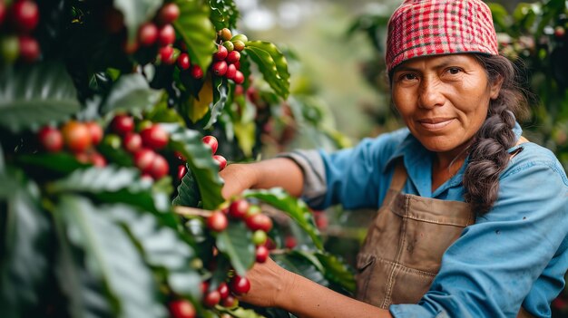 Close shot of a happy woman farmer collecting coffee beans from trees of a coffee field with a big copy space Generative AI