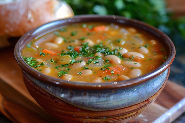 Close shot of hearty bean stew with fresh parsley in a bowl with a clean surface for text or product advertisement Generative AI