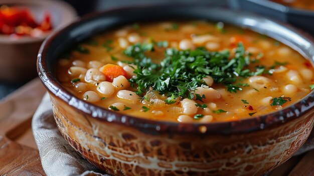 Close shot of hearty bean stew with fresh parsley in a bowl with a clean surface for text or product advertisement Generative AI