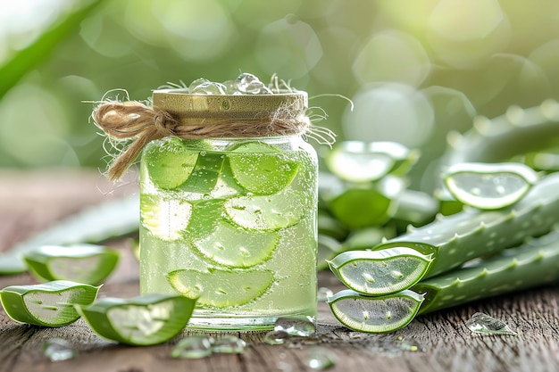 Close shot of a jar of aloe Vera jell decorated with aloe Vera around of it with a big space for text or product advertisement Generative AI