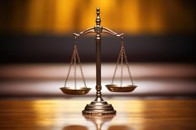 Close shot of justice scales on a wooden table