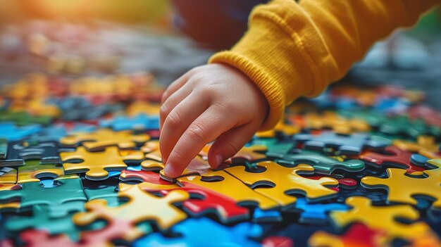 Close shot of kids hand playing with puzzles with a big space for text or product advertisement Generative AI