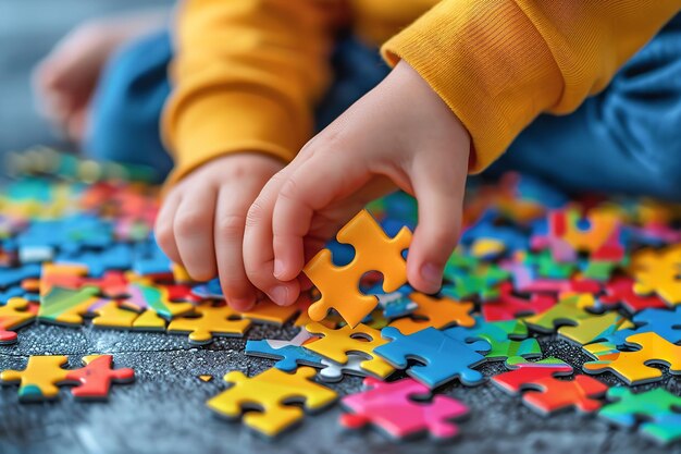 Close shot of kids hand playing with puzzles with a big space for text or product advertisement Generative AI