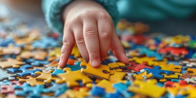Close shot of kids hand playing with puzzles with a big space for text or product advertisement Generative AI