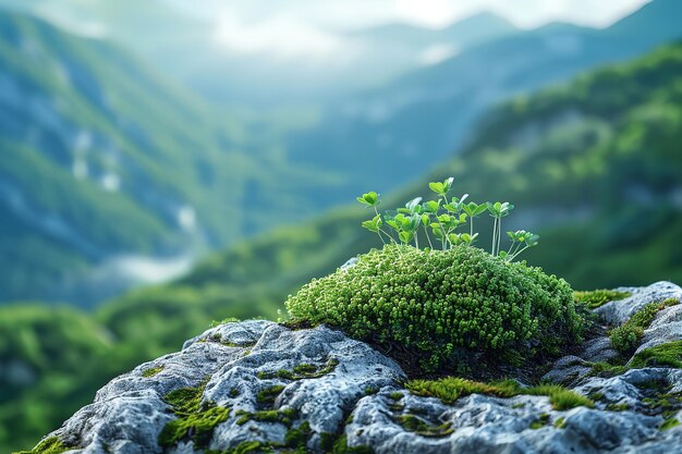 Photo a close shot of liverwort among woods with a big blurry nature backdrop and space for text or product advertisement background generative ai