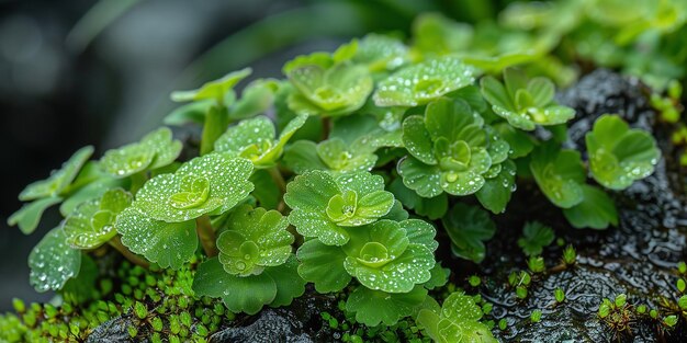 Photo a close shot of liverwort among woods with a big blurry nature backdrop and space for text or product advertisement background generative ai