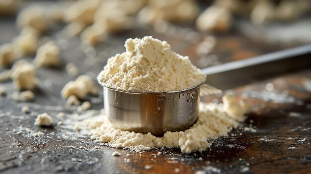 Close shot of a measurement cup filled with whey protein powder with a clean backdrop for text or product advertisement