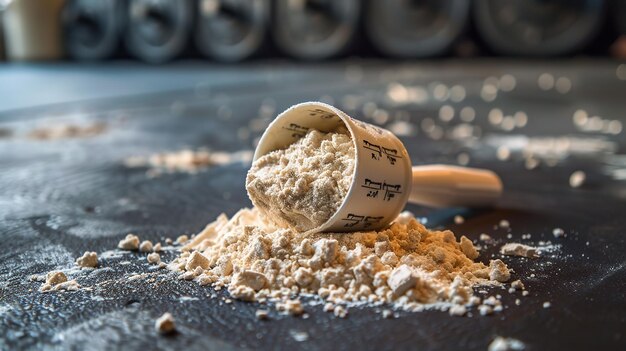 Close shot of a measurement cup filled with whey protein powder with a clean backdrop for text or product advertisement