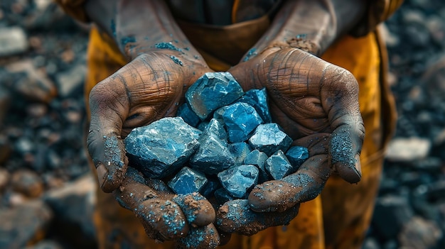 Close shot of a miner hand holding a piece of raw cobalt with a blurry backdrop and space for text or product Generative AI