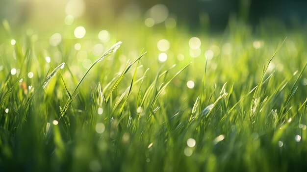 Close shot of morning grass with sunlight with a great view of nature Generative AI