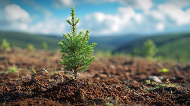 Close shot of new little growing tree in the woods with a text space Generative AI