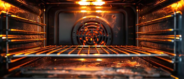 Close shot of a open oven with an empty rack with space inside of it a vibrant illustration Generative AI