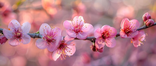 A close shot of peach blossom in garden in spring with a big blurry pink backdrop and space for text or product advertisement Generative AI