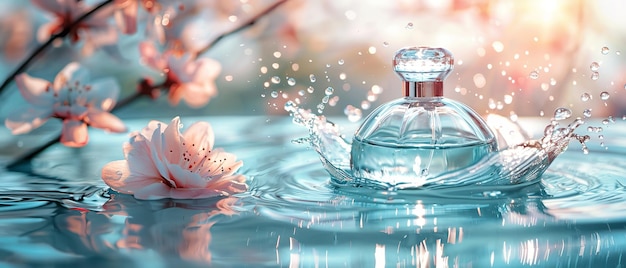 Photo close shot of perfume bottle with water splash in a clean surface with a big space for text or product backdrop generative ai