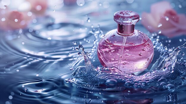 Photo close shot of perfume bottle with water splash in a clean surface with a big space for text or product backdrop generative ai