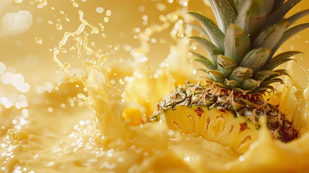 Photo close shot of pineapple slices on yellow backdrop with water splashes and blurry backdrop for text or product generative ai