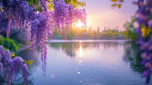 Close shot of purple blooming wisteria flower near lake with a big space for text or product advertisement and a blurry backdrop Generative AI