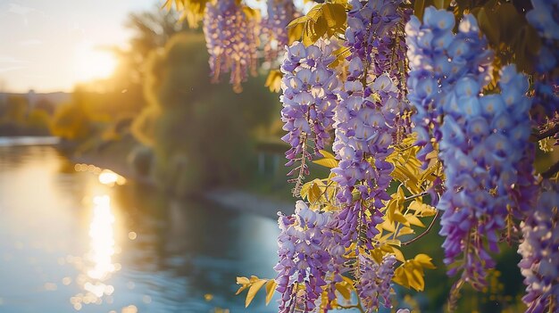 Close shot of purple blooming wisteria flower near lake with a big space for text or product advertisement and a blurry backdrop Generative AI