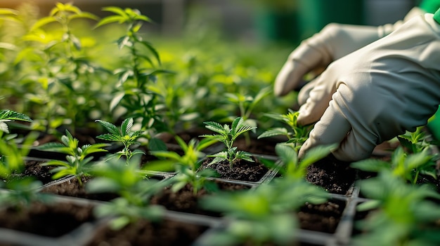 Photo close shot of a scientist hand examining little cannabis plant in curative green house in seed tray generative ai