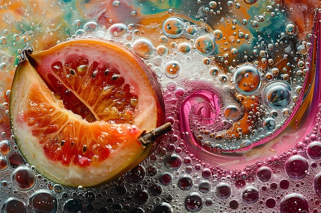 Close shot of a slice of a juicy grape fruit in water with water splashes and space for text or product advertisement Generative AI