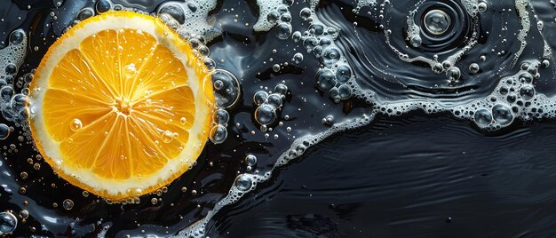 Close shot of a slice of a lemon in water with water splashes and space for text or product advertisement Generative AI