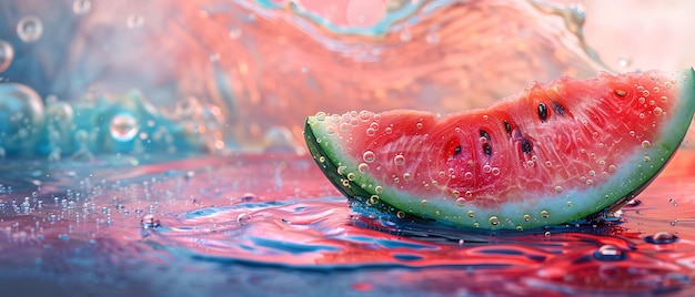 Close shot of a slice of a watermelon in water with water splashes and space for text or product advertisement Generative AI