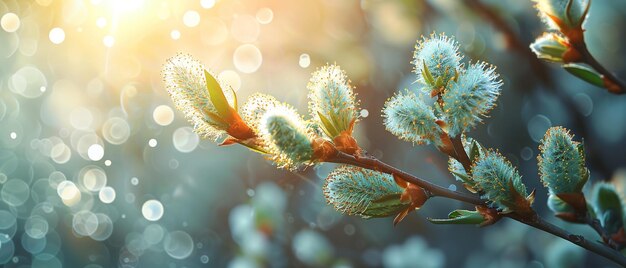 Photo a close shot of spring background with willow branches in sunlight with a big blurry space for text or product advertisement background generative ai