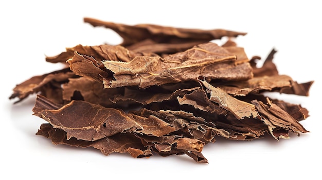 Close shot of a stack of dried tobacco on plain white backdrop with space for text or product advertisement Generative AI