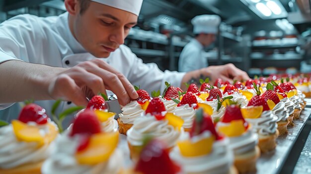 Close shot van een chef-kok die meerdere cupcakes maakt met aardbeien en room met vrije ruimte Generatieve AI