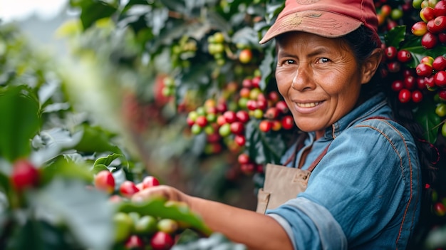 Close shot van een gelukkige boerin die koffiebonen verzamelt uit de bomen van een koffieveld met een grote kopieerruimte Generatieve AI