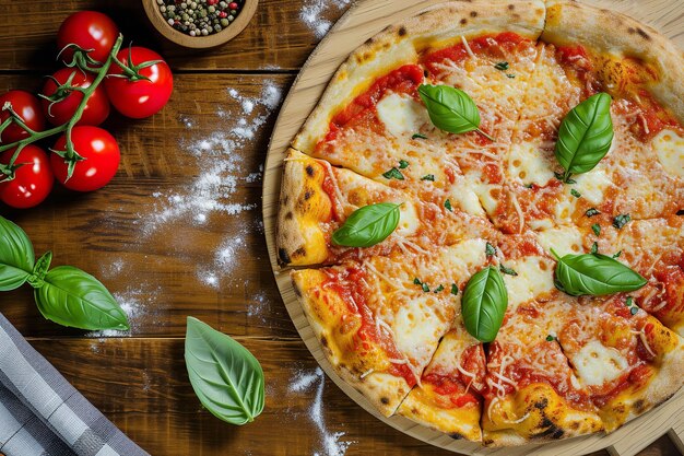 Close shot van een pizza in een houten pan met een houten oppervlak en een kopieerruimte voor tekst of producten om