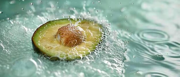 Foto close shot van een plakje avocado in water met waterspruitjes en ruimte voor tekst of productreclame generatieve ai