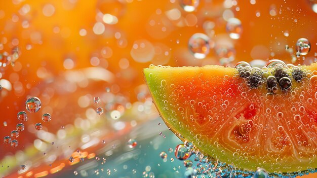 Close shot van een snee van een papaya fruit in water met water splashes en ruimte voor tekst of product reclame Generatieve AI