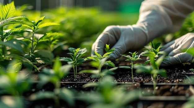 Close shot van een wetenschapper die een kleine cannabisplant onderzoekt in een genezende kas in een zaadbak Generatieve AI