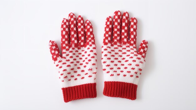 Close shot van gebreide handschoenen mooie rode en witte hoed op een witte achtergrond Generatieve AI