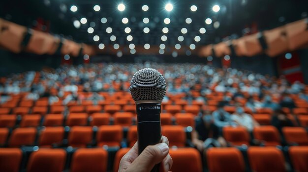 Close shot van hand die microfoon vasthoudt op het podium met een grote hoeveelheid publiek voor hem met ruimte voor tekst Generatieve AI