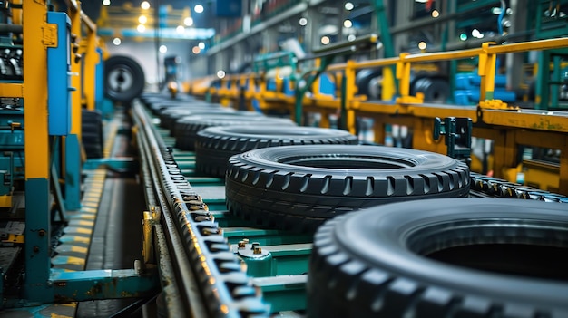 Foto close shot van zwarte rubberen banden die in de fabriek worden gemaakt in een transportband met een ruimte voor tekst of product generatieve ai