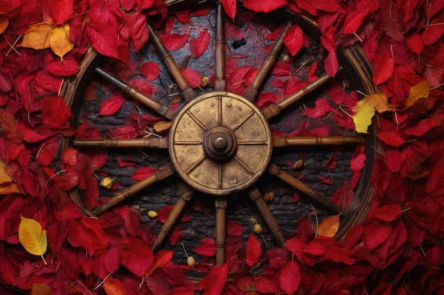 Close shot of wagon wheel in crimson and gold leaf litter