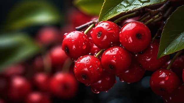 Close shot of wet cherry fruit branch in tree Generative AI