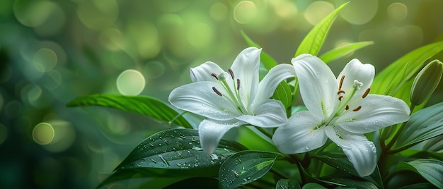 Close shot of white lilies with green nature backdrop with a big space for text or product advertisement Generative AI