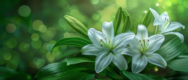 Close shot of white lilies with green nature backdrop with a big space for text or product advertisement Generative AI