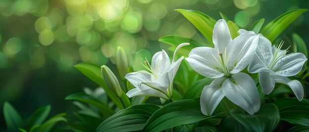 Close shot of white lilies with green nature backdrop with a big space for text or product advertisement Generative AI